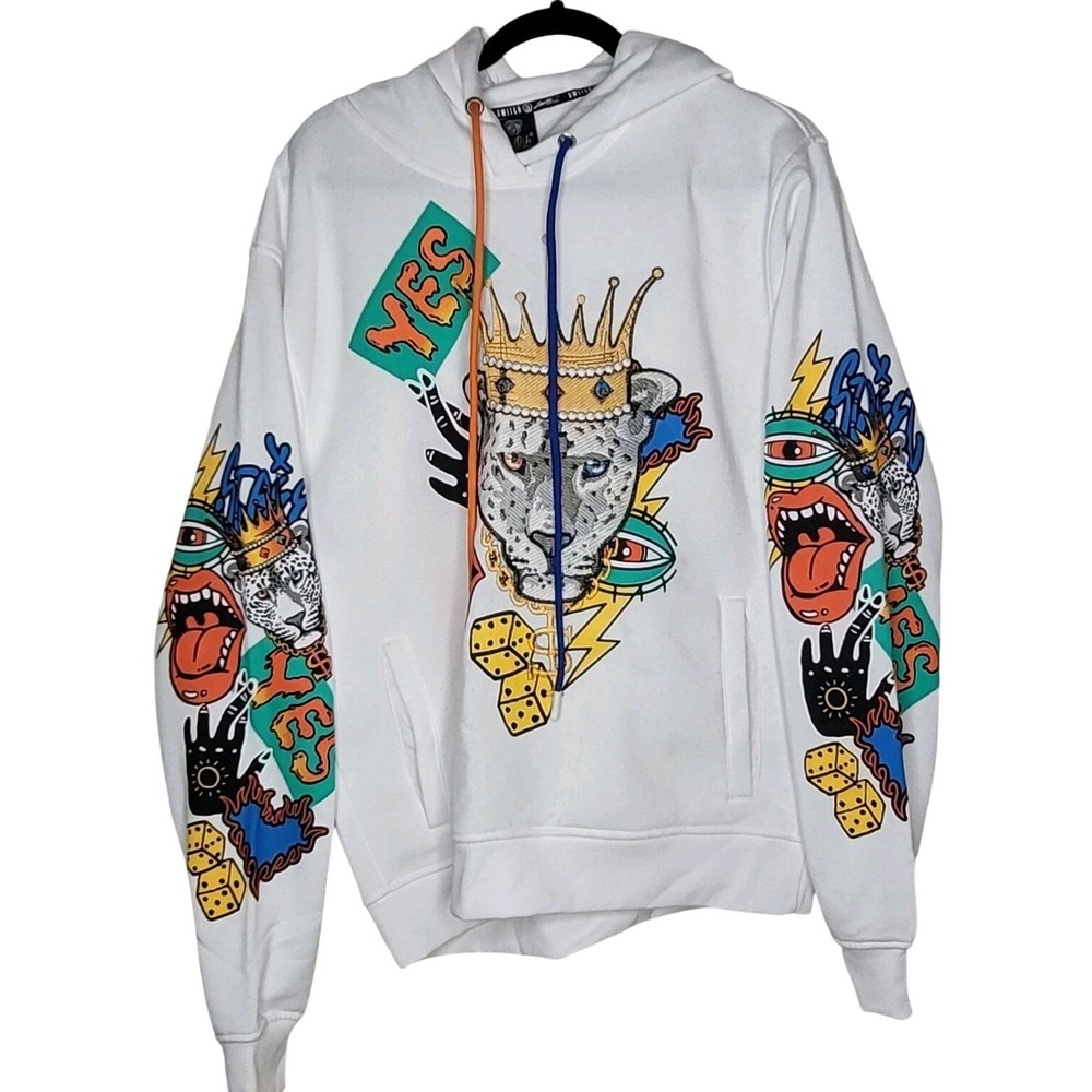 Switch Remarkable Graphic Leopard Crown Pullover Men's Hoodie L White Drawstring